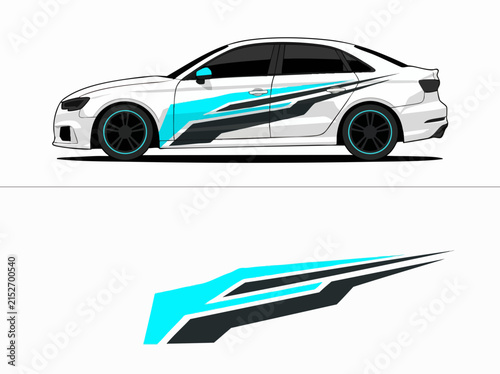 White sports sedan with dynamic blue and black decals