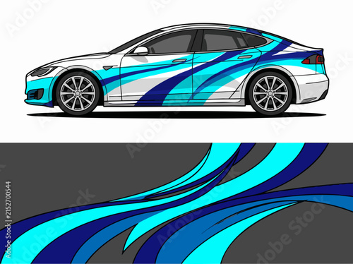 White sports sedan with blue and cyan wave decals