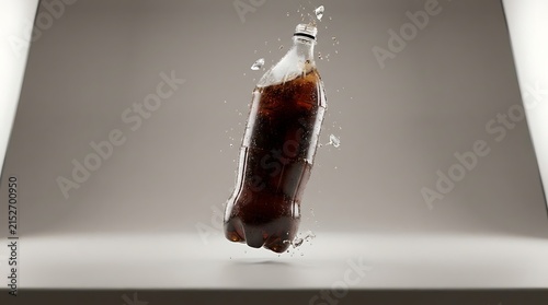 Plastic bottle of dark brown soda drink with water splashes and droplets in the air. 2 liter soda