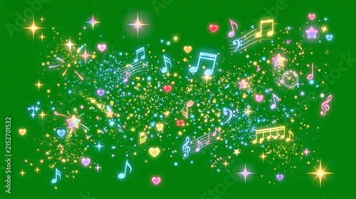 Vibrant glowing musical notes, stars, and hearts sparkling on a green background, a magical decorative burst