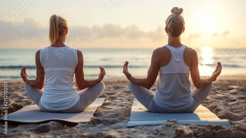Two women meditating peacefully by ocean during serene sunrise wellness and mindfulness retreat