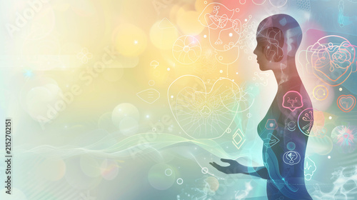 Futuristic healthcare concept with transparent human figure and glowing medical technology symbols