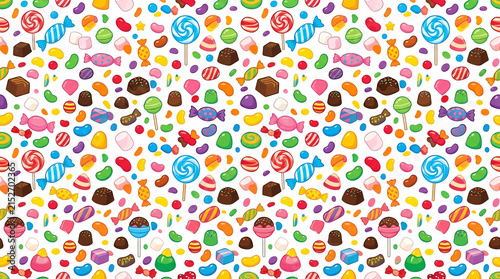 Colorful assortment of candies and lollipops on a white background pattern