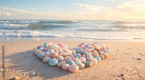 Heart shape made of smooth pebbles on sandy beach