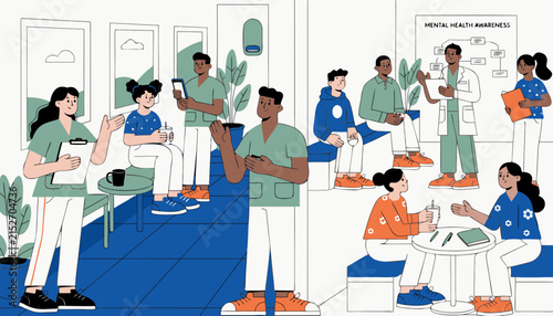 Diverse group of people in a modern clinic waiting room, receiving medical care and consultation.