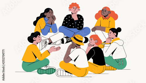 Diverse group of people sitting in a circle, engaged in conversation and discussion, representing teamwork and community.