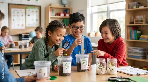 Diverse elementary school students enthusiastically conduct a science experiment measuring plant growth in a classroom setting