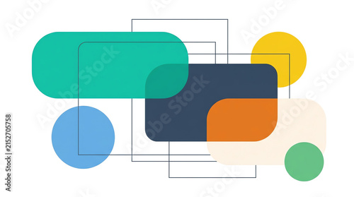 Abstract geometric composition with colorful rounded shapes and thin lines