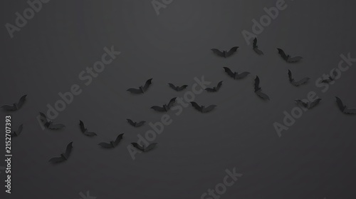Paper bat shapes creating ominous flying pattern, casting subtle shadows across deep dark gray background, ideal for festive halloween marketing campaigns.