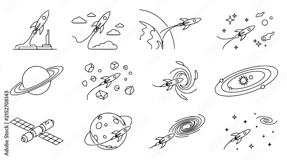 Obraz premium Space Exploration Icons: Rockets, Planets, Galaxies, Satellites, Stars, and Asteroids - Line Art