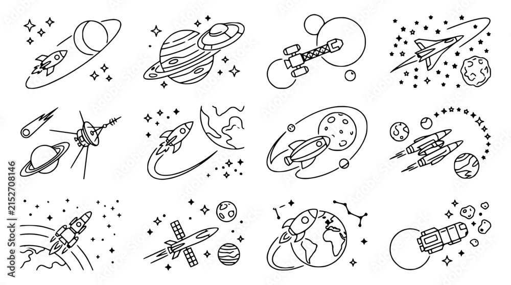 Obraz premium Hand-drawn Space Icons: Rockets, Planets, Stars & UFOs - Doodle Collection