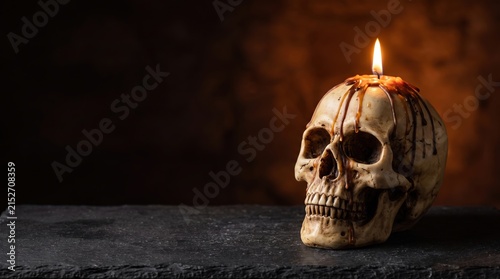 Mysterious human skull featuring burning candle with brown melted wax dripping down its surface, creating eerie atmosphere for dark halloween celebrations and spooky concepts.