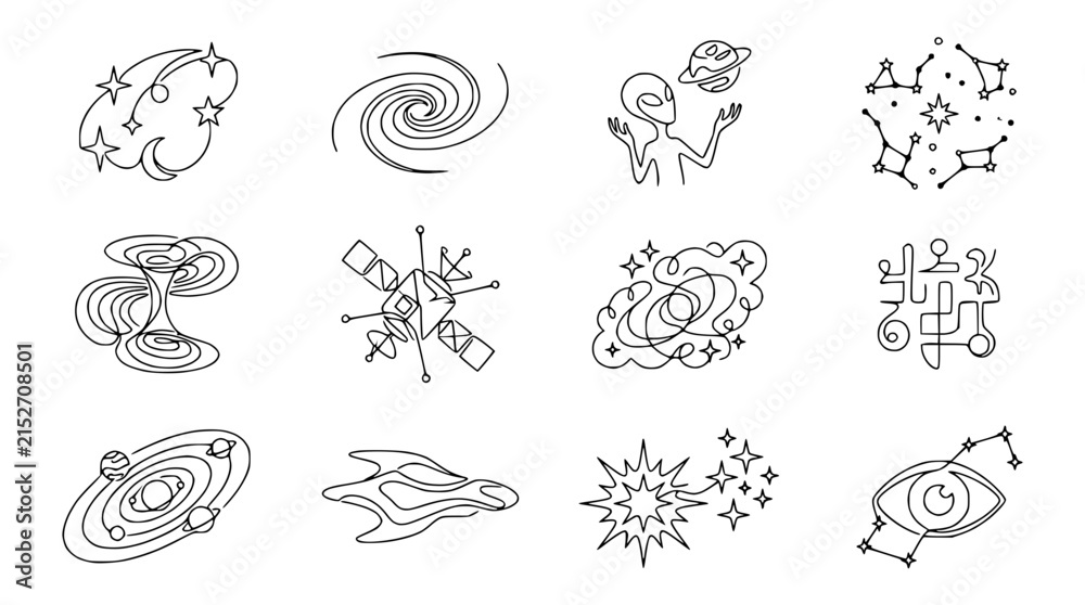 Fototapeta premium Cosmic doodle icons: aliens, galaxies, planets, spacecraft, constellations, black holes