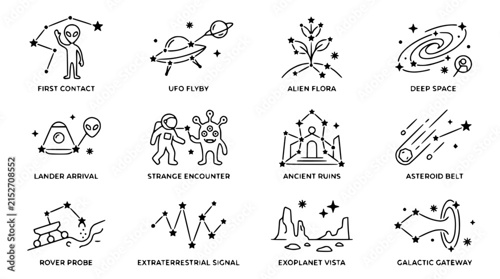 Fototapeta premium Set of Alien and Space Icons: UFO, Astronaut, Alien, Spaceship, Galaxy, Stars, Planets