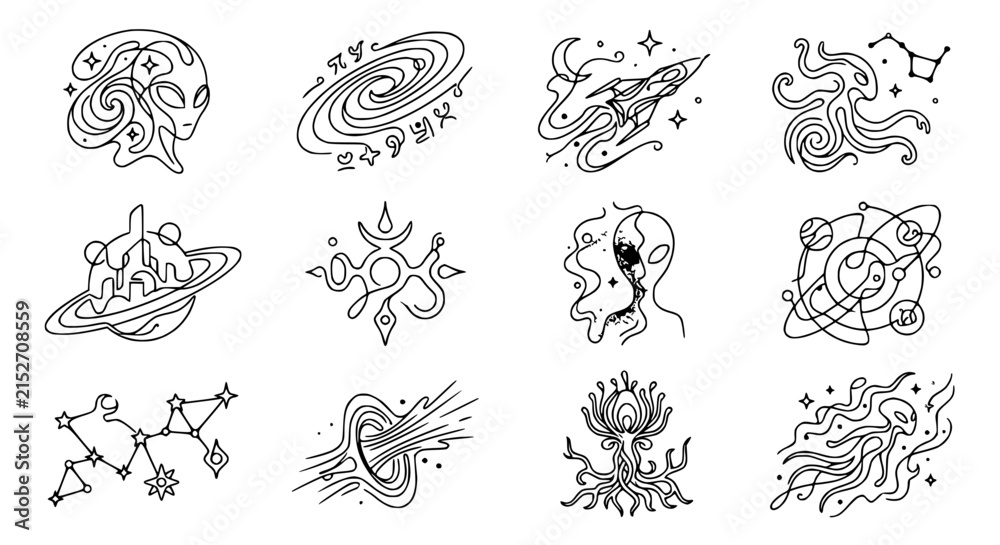 Obraz premium Cosmic Doodle Collection: Aliens, Galaxies, Planets, and Stars - Line Art Icons