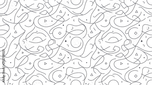 Abstract seamless pattern with thin line flowing curves and geometric shapes