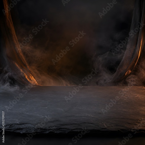 Textured dark stone slab surface features elegant draped fabric curtains illuminated by warm amber side lighting amidst swirling ethereal smoke in this moody cinematic composition