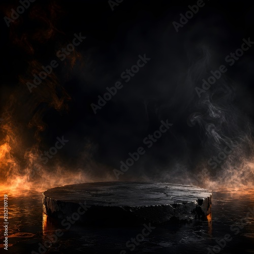 Circular cracked stone pedestal stands ready for product display featuring glowing orange smoke and subtle grey mist lighting effects in a dark moody atmospheric setting