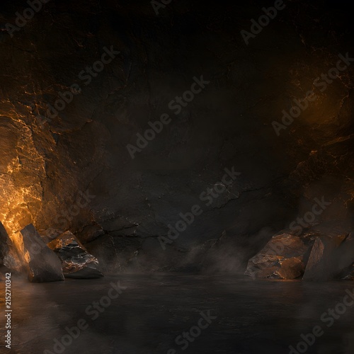 Jagged volcanic stone formation illuminated by intense glowing embers creating dramatic contrast and deep shadows within this high quality dark cinematic digital art composition scene