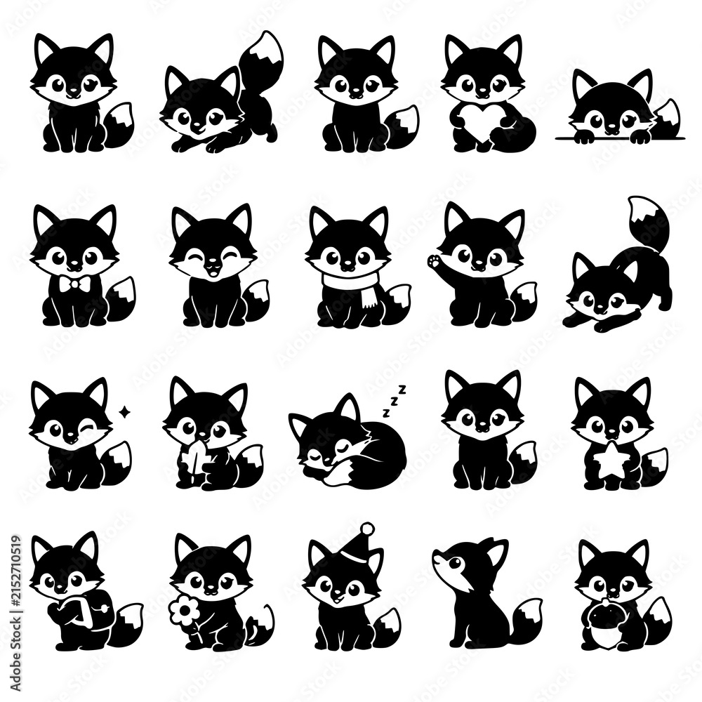 Fototapeta premium A charming collection of cute black and white cartoon fox characters, each displaying various playful poses and expressive emotions, ideal for whimsical designs and creative graphic projects