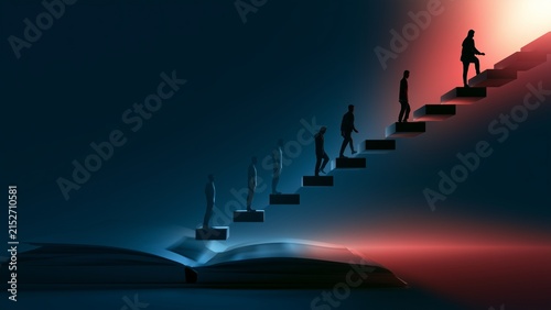 Personal Growth, determined professional climbing a series of ascending  toward a brighter future, each step symbolizing self improvement, continuous learning, discipline, resilience, confidence.