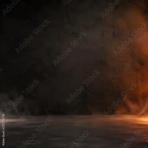 Dark textured wall featuring dramatic orange light rays and thick swirling smoke clouds across a smooth concrete floor surface captured with high contrast cinematic lighting