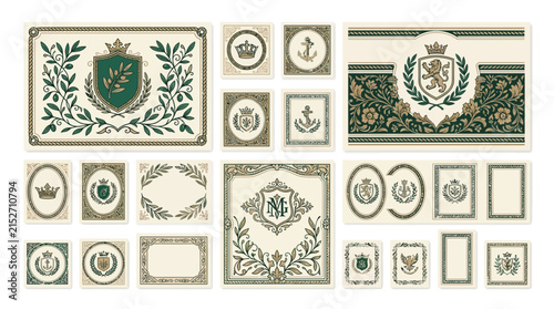 Heraldic Emblem Collection: Crests, Laurels, Crowns, Anchors, Shield