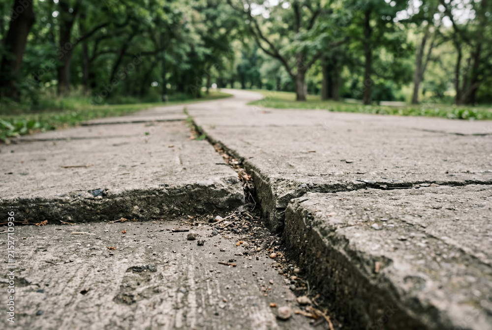 Fototapeta premium Cracked and uneven concrete sidewalk path running through a green park environment