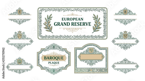 Vintage Decorative Labels Set, Ornate Emblems, Crests, Transparent Background
