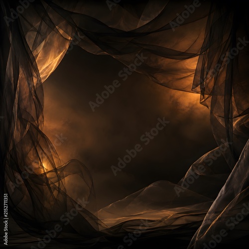 Ethereal flowing fabric layers create elegant golden silhouettes with dramatic translucent waves and soft warm ambient lighting captured in a cinematic high resolution digital art composition