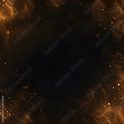 Golden glittering particles floating in dark ethereal space with soft glowing smoke textures creating a mystical cinematic border effect captured in this high resolution image