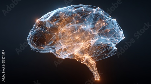digital brain silhouette composed of neural mesh and connecting points, sci-fi technology style with glowing edges