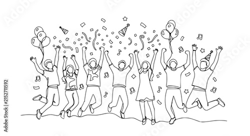Photography Happy People Jumping Celebration Confetti Balloons Party Hats Isolated