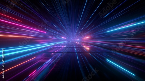 digital speed tunnel effect with bright cyber lines stretching toward horizon, AI-inspired design in a neon atmosphere