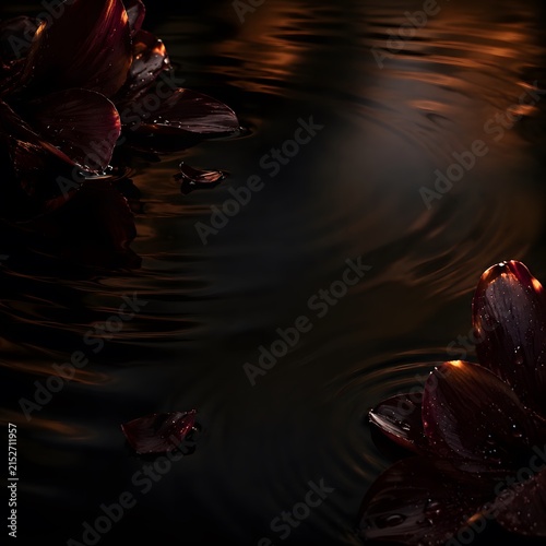 Deep burgundy flower petals float gracefully upon dark shimmering liquid water surfaces captured with cinematic golden lighting creating a serene atmosphere of calm reflection and elegance.