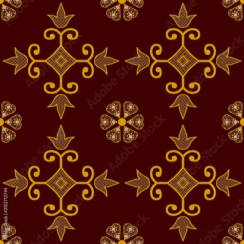 Quadro su tela Seamless pattern with ornate golden floral diamond motifs on a deep burgundy red