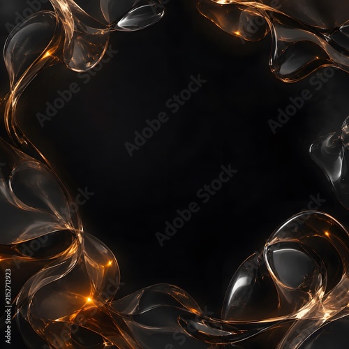Fluid abstract glass shapes featuring glowing amber highlights and translucent curves create a sophisticated frame against a deep obsidian darkness in this elegant high-quality digital composition.