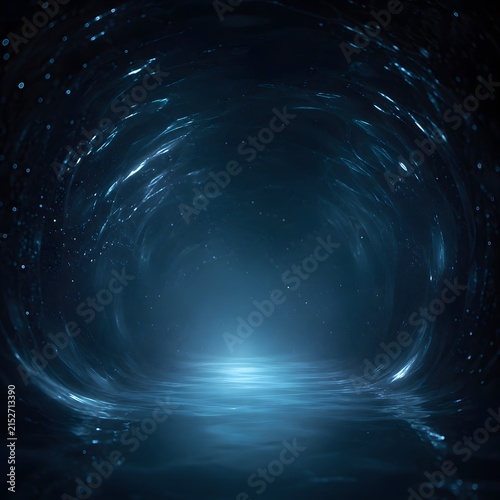 Ethereal blue liquid tunnel featuring swirling dark reflections and glowing particles captured in a high contrast cinematic style with soft ambient lighting and smooth textures.