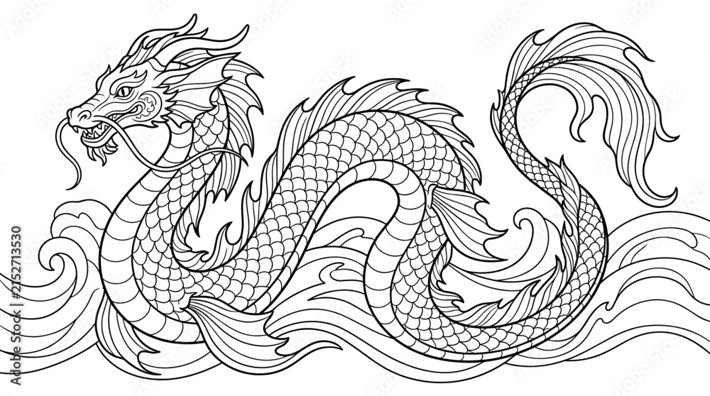 Fototapeta premium Mythical sea serpent illustration with intricate scales and flowing fins, set against stylized waves, black outline on white.