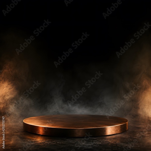 Polished metallic copper circular display pedestal surface with brushed texture glowing under dramatic warm lighting creates a luxurious stage for premium product photography and visual presentations.