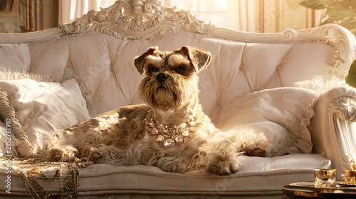 Regal canines recline on a sophisticated white couch embellished with luxurious trinkets in gentle, welcoming light during a snug afternoon