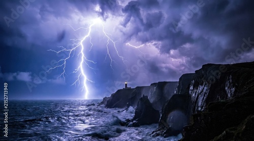 dramatic lightning storm flashing over dark ocean cliffs at night