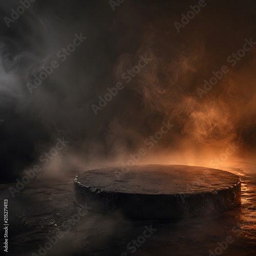 Cinematic circular stone pedestal features rugged textures and weathered edges showcased with dramatic rim lighting and swirling mystical fog for a premium product display visual presentation