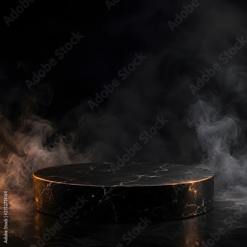 Polished round marble pedestal featuring glowing golden edges and luxurious stone texture provides a perfect modern stage for displaying premium products in high contrast moody lighting.