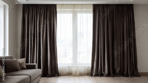 Elegant window with brown curtains and sheer white drapes interior design concept