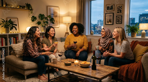Diverse Group of Women Friends Relaxing and Drinking Wine in a Cozy Apartment