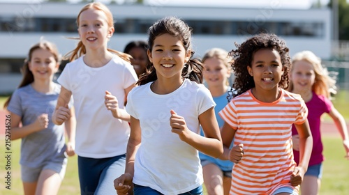 Group of confident girls participating in an outdoor sports activity at school, teamwork leadership confidence and healthy development, diverse children, bright sunny day, energetic movement,