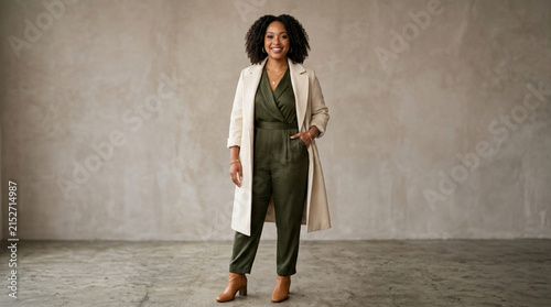 Confident Plus Size Woman in Stylish Olive Jumpsuit and Cream Coat