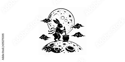 Moon Rabbit Pounding Elixir Under a Full Moon, Black and White Chinese Mythology Vector Illustration