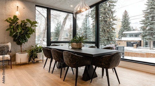 Modern dining room with large windows overlooking a snowy landscape scene